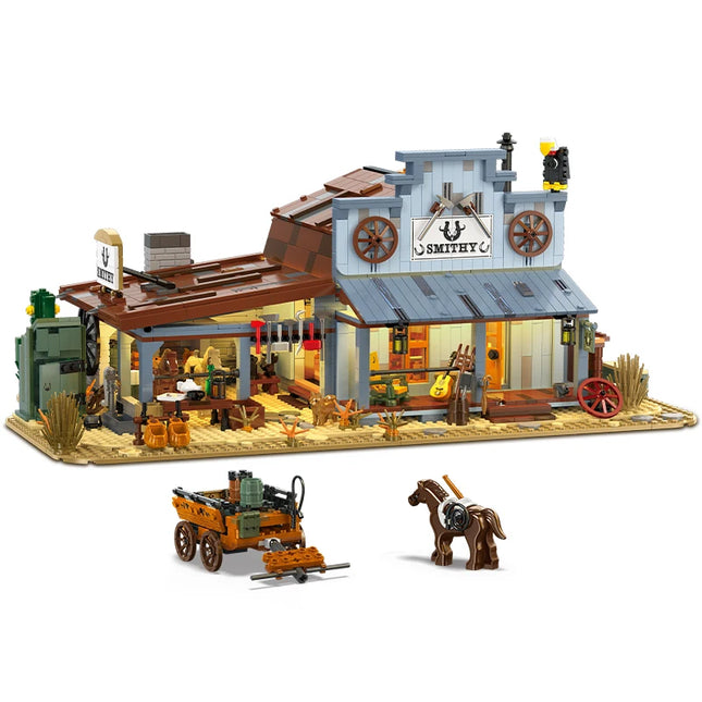Retro architectural model blacksmith shop desktop ornament, street scene building blocks toys set, children's holiday gift