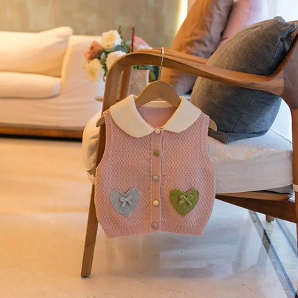 MILANCEL New Autumn Kids Cardigan 1-5T Love Bow Girls Thin Knitted Vest Color Blocking Loose Children Baby Sleeveless Jacket