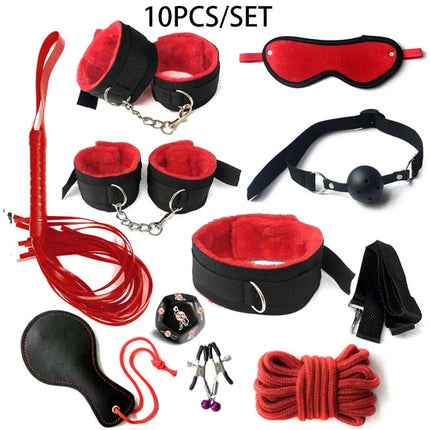 Erotic BDSM Kits for Couples - Sex Bondage Set with Handcuffs Gag Whip Nipple Clamps Anal Butt Plug Tail - Adult Toys for Women
