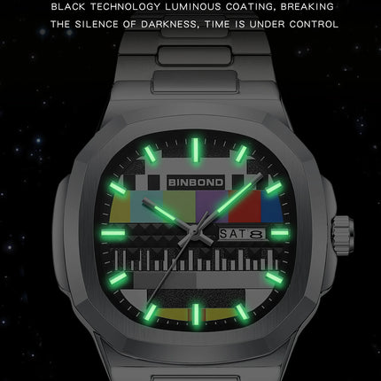 BINBOND Creative TV Dial Men's Watches New Fashion Original Retro Design Luminous Quartz Wristwatch For Man With Calendar Week
