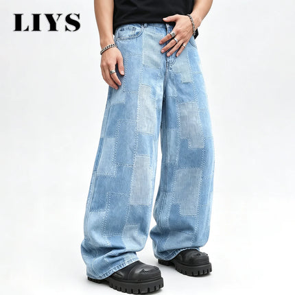 LIYS Men's Geometric Grid Jacquard Beggar Cloth Loose Wide Leg Jeans Retro Street Denim Pants Suitable for Work Casual Wear