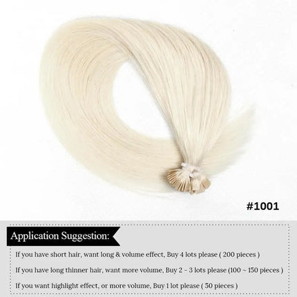 White Blonde 1001# Flat Tip Hair Extensions Keratin Human Hair Extension Fusion Hair 1x0.8cm Bond 12-24inch Non-Remy 1g/strand
