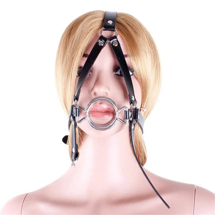 Adult Double O-Rings Stainless Steel Open Mouth Ring Gag Head Hood Harness Strap BDSM Restraint Bondage Sex Toys for Woman Man