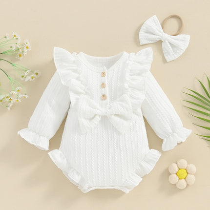 Pudcoco Infant Newborn Baby Girls Autumn Ruffle Romper Long Sleeve Crew Neck Button Up Romper with Headband 0-12M