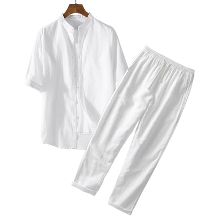 White Premium Cotton Linen Shirt Pants Outfits Men's Linen Sets 2 Piece Long/Short Sleeve Shirts Yoga Pants Beach Wedding Suits