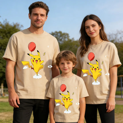 2026 New Cute Pikachu Balloon Print T Shirt Unisex Loose Casual Tee Men Women Kids Family Matching Short Sleeve Tops Streetwear