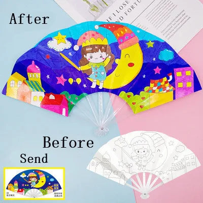 Painting Summer Fan DIY Toys For Children Cartoon Animal Color Graffiti Origami Fan Art Craft Toy Creative Drawing Kids