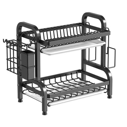 Dish Drying Rack 2-Tier Compact Kitchen Dish Rack Drainboard Set Large Rust-Proof Dish Drainer with Utensil Holder