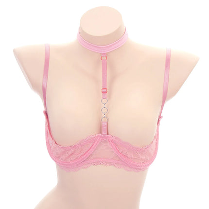 Womens 1/4 Cups Underwire Hollow Out Open Cup Nipples Bra Halter O Ring Exposed Lace Push Up Brassiere Lingerie Bra Underwear