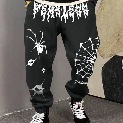 Men's Retro Dark Grunge Spider Eye Graphic Joggers Elastic Cuff Sweatpants Popular Vintage Goth Streetwear Casual Pants