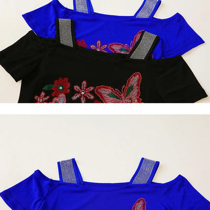 Summer Streetwear Fashion Women's T-shirt Luxury Design Butterfly Hot Diamonds Tee Sexy Off Shoulder Girls Tops European Clothes