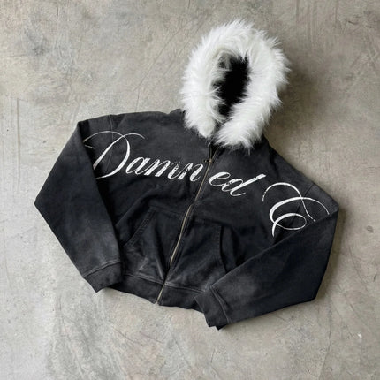 Y2K Retro Gothic Fur Collar Zipper Hoodie Women Trendy Brand Clothing Suit Harajuku Fashion Loose Oversized Sweatpants Men