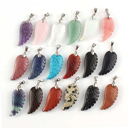 KFT Natural Stones 35mm Carve Angel Wing Pendants Rock Crystal Opalite Fluorite Lapis Lazuli Rhodonite Pendant Women Men Jewelry
