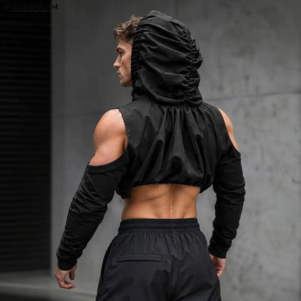 INCERUN Men's T Shirt Solid Color Pleated Off Shoulder Long Sleeve Hooded Men Clothes Streetwear Loose 2026 Crop Tops For Man