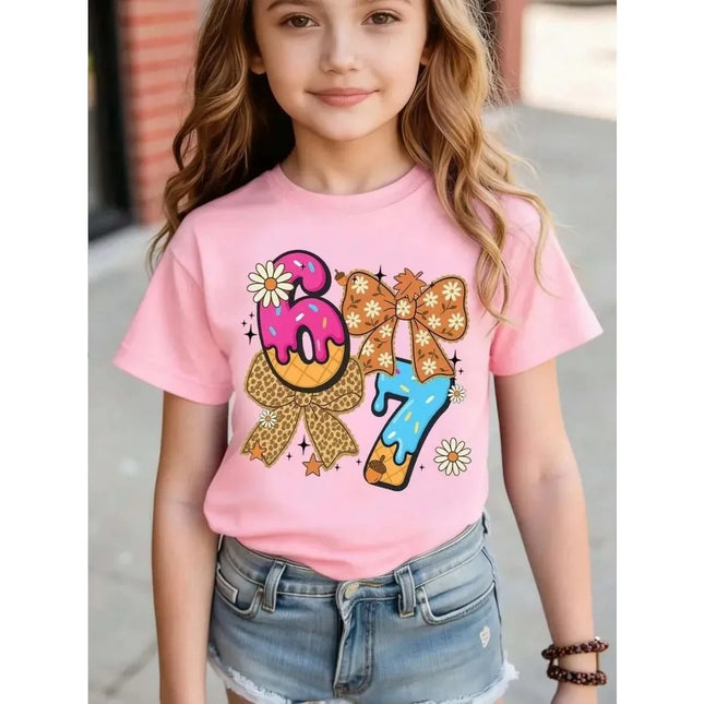 Children's 67 Christmas Elf Print Girls Short Sleeve Round Neck Tee Parties Casual Wear Comfort Children Clothing Girl Clothes