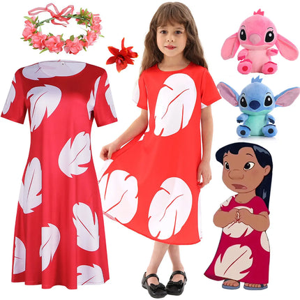 Disney Baby Lilo Stitch Dress For Girl Interstellar Animation Cosplay Short Sleeve Cute Printed Dress + Doll Accessories Set