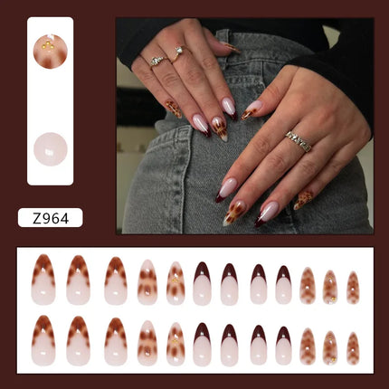 Dark Brown Flowers 24 Pcs Press-on Nails Pink Nail Polish Glossy Artificial Finger Manicure Reusable False Nails