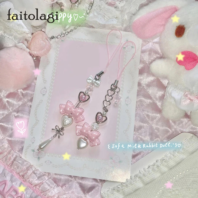 Pink Princess Bow Heart Phone Charm Bowknot Imitation Pearl love Star Beaded Lanyard Chain Keyring for Phone Backpack Wallet