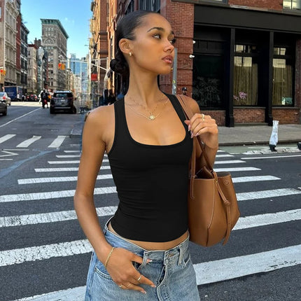 Hugcitar 2025 Summer Solid Straps Sexy Slim Crop Tank Top Women Casual Y2K Clothes Streetwear Party Sport Festival Wholesale