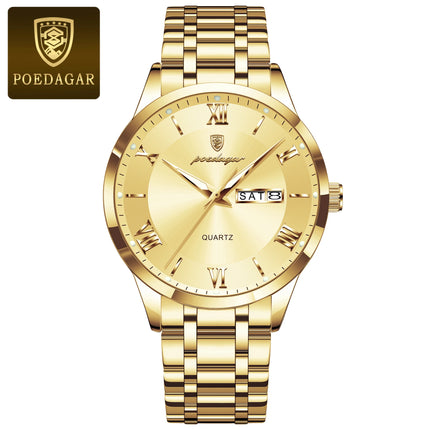 POEDAGAR Luxury Man Clock Waterproof Luminous Week Date Fashion Men's Wristwatch Stainless Steel Business Quartz Watches For Men