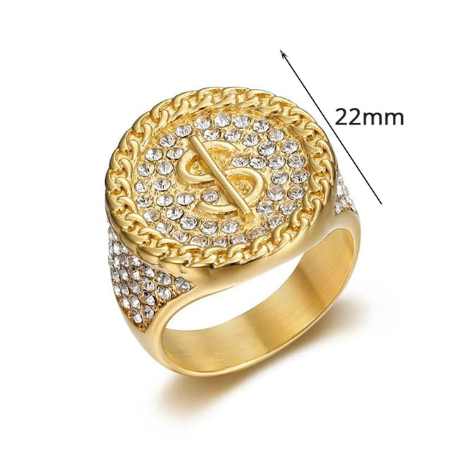 Hip Hop Iced Out Bling Dollar Signs Ring Male Gold Color Stainless Steel Rapper Big Round Money Rings For Men Party Jewelry Gift