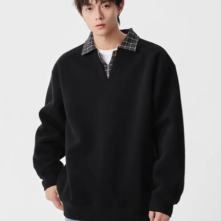 Retro Plaid Polo Neck Sweatshirt for Men and Women Heavyweight Cotton Soft Fake Two-Piece V-Neck Long Sleeve