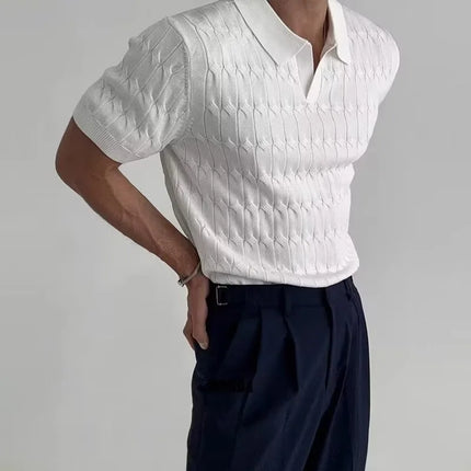 Men's Knit Polo Shirt Summer Short Sleeve V-Neck Slim Fit Business Casual Top Youth Elastic Korean Street T-Shirt
