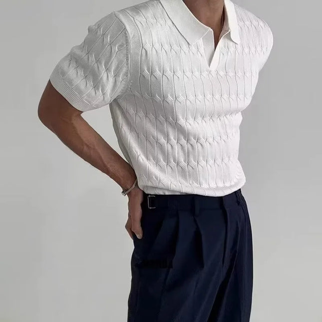 Men's Knit Polo Shirt Summer Short Sleeve V-Neck Slim Fit Business Casual Top Youth Elastic Korean Street T-Shirt