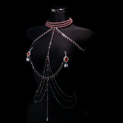 Red Tassel Gem Nipple Clamps Erotic Collar Body Chain Chest Restraint BDSM Women's Sexy Body Accessories Fetish Adult Sex Toys