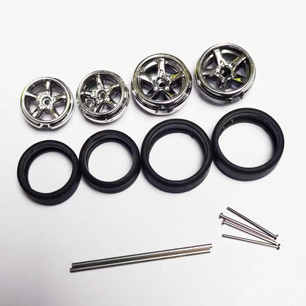 5 Sets 1/64 Alloy Car Model Tires w Shaft Wheels w 25mm Axles for Modify 1:64 Matchbox/Domeka/HW Model Cars No Need Open Chassis