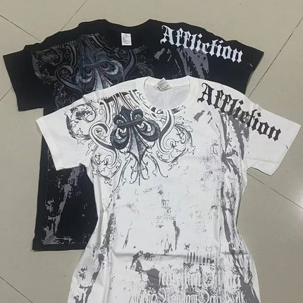 Affliction Out Of Print Short Sleeves Woman Hip Hop Black T Shirt Couple Y2K High Street Pure Cotton Tops Aesthetic Clothes