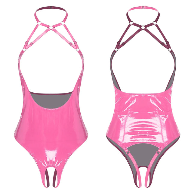 Women's Wet Look Patent Leather Open Chest Crotchless Bodysuit Halter Backless Glossy PU Lingerie Jumpsuit Raves Party Clubwear