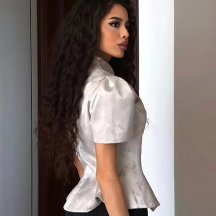 Solid Color Jacquard Glossy Satin Tops Women Chic Stand Collar Single Breasted Slim Fit Split Hem T-shirts Lady Daily Wear New