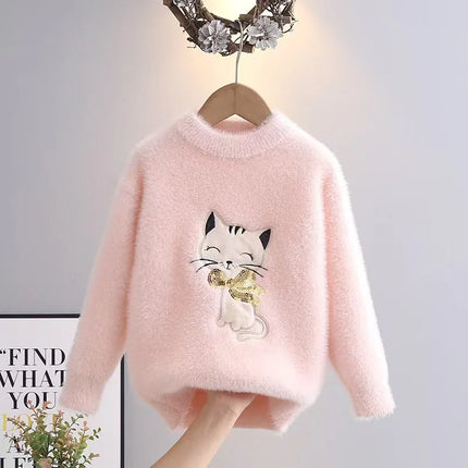 Princess Girl's Sweater Thickened Autumn Winter New Fashionable Cartoon Cat Children's Knitted Sweaters Little Girl Tops IY07231
