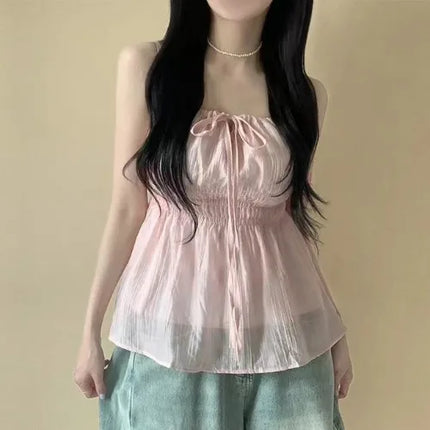 Sexy Summer Design D-string Strap Folded Waist Slimming Women's Casual Sexy Vest Top with Belt Polyester Fiber Thin Model
