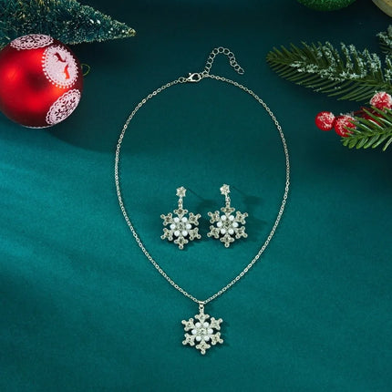 Luxury Zinc Alloy Christmas Jewelry Set Colorful Rhinestone Xmas Dangle Earrings Pendant Snowflake Necklace Women
