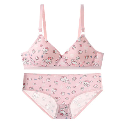 Sanrio Hello Kitty Underwear Kawaii Cartoon Girls Sexy Bra No Wire Push Up Underwear Woman Sports Shockproof Bra Pants