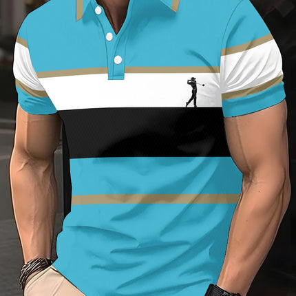 Men's Short Sleeved Polo Shirt Casual 3D Printed Summer Golf Shirt, Geometric Color Stripe Design Men's Novel Clothing