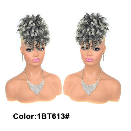 African American Synthetic Afro Puff Drawstring Ponytail Extension with Bangs Heat Resistant Soft Natural Look for Women Daily