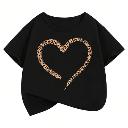Love Heart Leopard Print Fashion T Shirts Y2k Kids Children's T-shirt Boys Girls Summer Spring Casual Top Tee Shirt