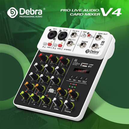 Debra NEW V4 Audio Mixing Console Bluetooth USB Record PC 48V Phantom Power Delay Repaeat Effect 4 Channels USB Audio Mixer.