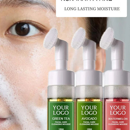 120ml Custom Logo Face Wash Private Label with Brush Avocado Watermelon Green Tea Cleansing Mousse Liquid Face Clean Makeup Milk