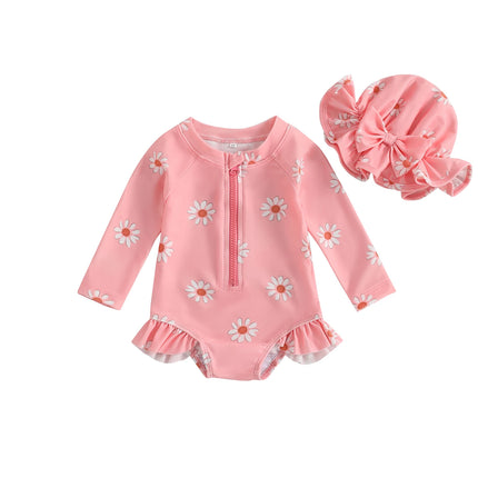 Baby Girls Swimsuit, Long Sleeve Flower Print Zipped Bikini with Hat Newborn Swimwear for Summer Bathing