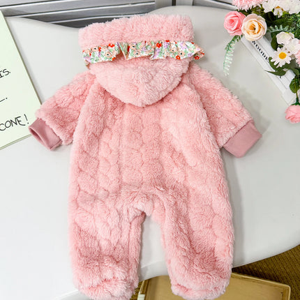 Pink Fluffy Baby Romper Suit with Hood Autumn Winter Warm Cute Crawler Soft Girl Outfit Attention-Grabbing Street Style for Baby