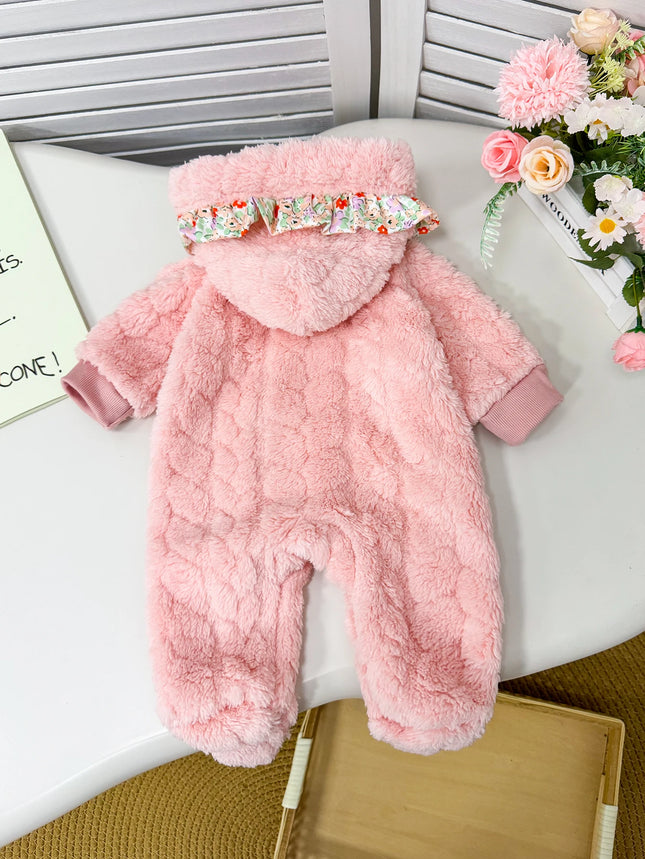 Pink Fluffy Baby Romper Suit with Hood Autumn Winter Warm Cute Crawler Soft Girl Outfit Attention-Grabbing Street Style for Baby