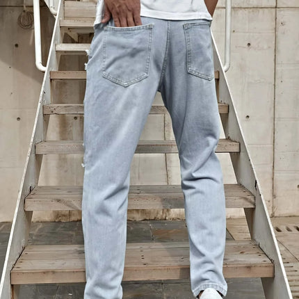 Men's Ripped Non-Stretch Jeans - Distressed Streetwear Loose Fit Denim, Hip-hop Style Regular Length All-Season Comfort