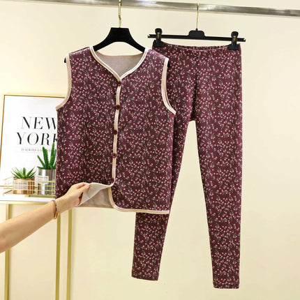 Warm Fleece Lined Velvet Home Clothes Set with Buttoned Knitwear Self Heating Anti Cold Two Piece Set for Women Autumn Winter