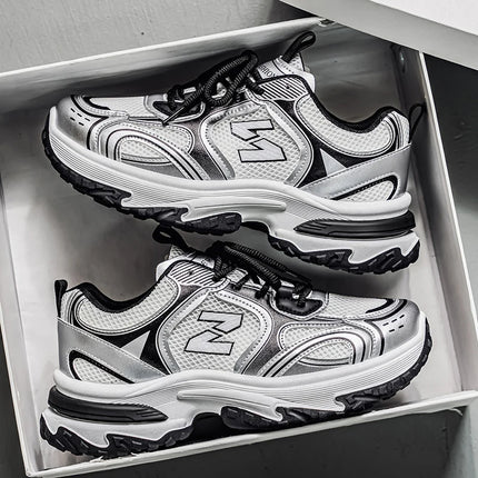 Men's Chunky Silver/White Sneakers | Retro Dad Shoes with Thick Platform Sole | Breathable Mesh Upper