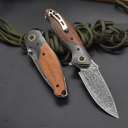 VG10 Damascus Steel Folding Knife, Rosewood Handle-light, Suitable For Camping, Fishing And Daily Carrying