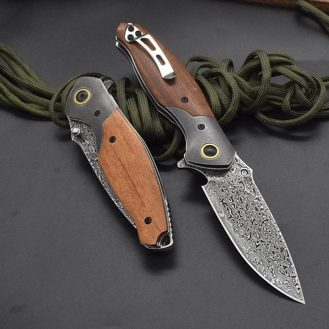 VG10 Damascus Steel Folding Knife, Rosewood Handle-light, Suitable For Camping, Fishing And Daily Carrying